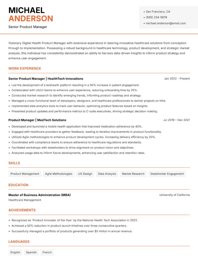 Digital Health Product Manager resume sample — Senior Product Manager focus