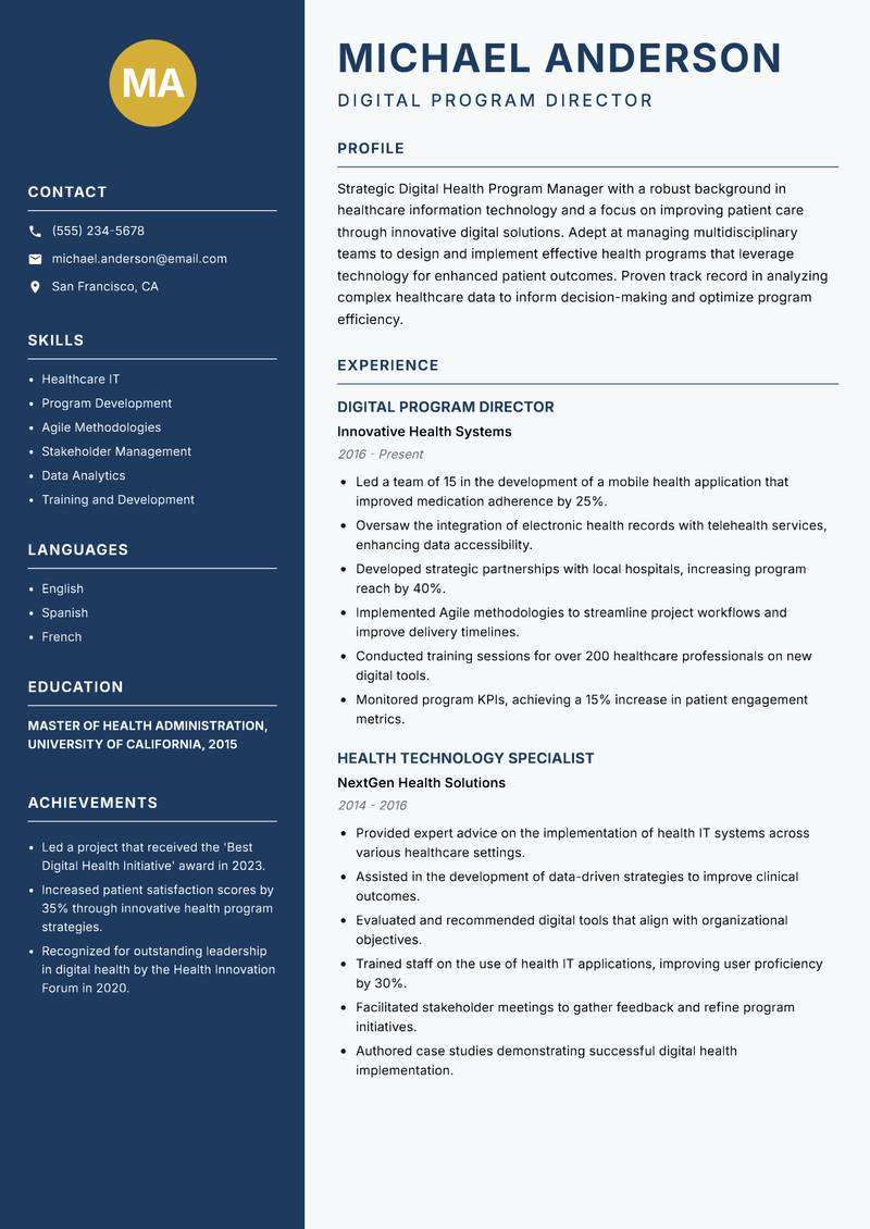 Digital Health Program Manager resume sample — Digital Program Director focus