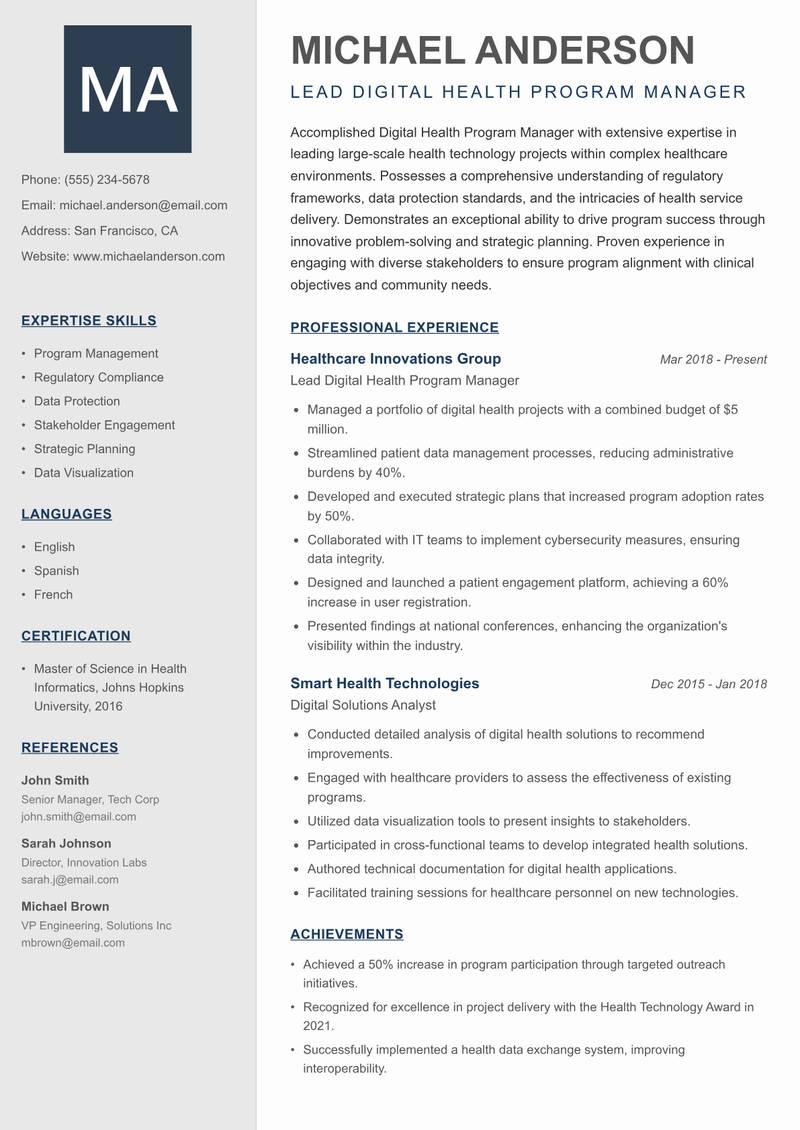 Digital Health Program Manager resume sample — Lead Digital Health Program Manager focus