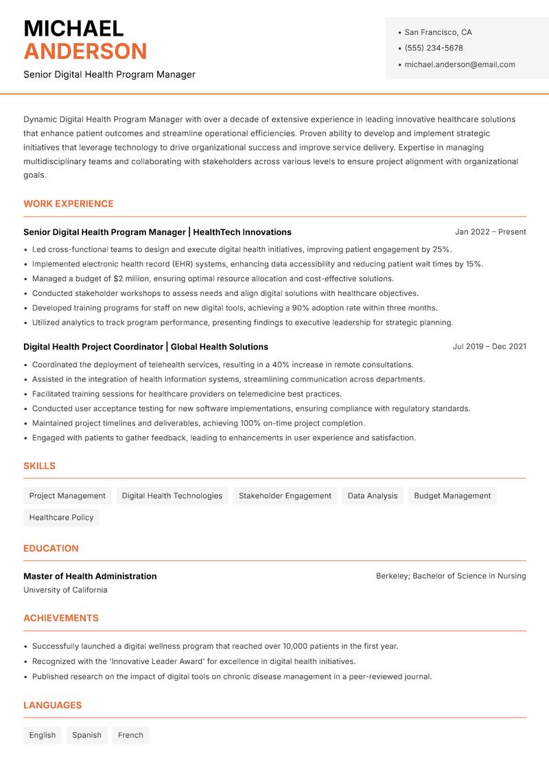 Digital Health Program Manager resume sample — Senior Digital Health Program Manager focus