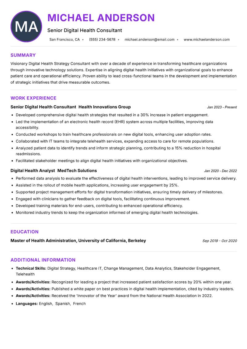Digital Health Strategy Consultant resume example