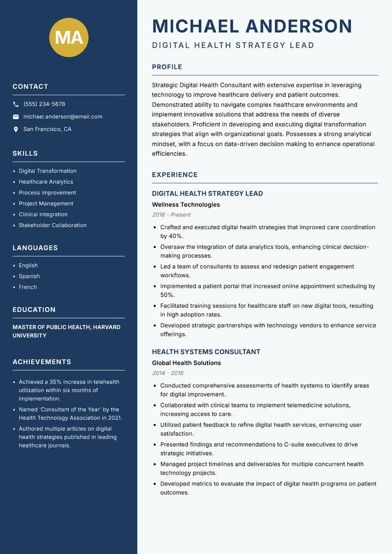Digital Health Strategy Consultant resume sample — Digital Health Strategy Lead focus