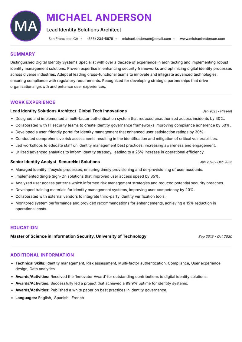Digital Identity Systems Specialist resume example