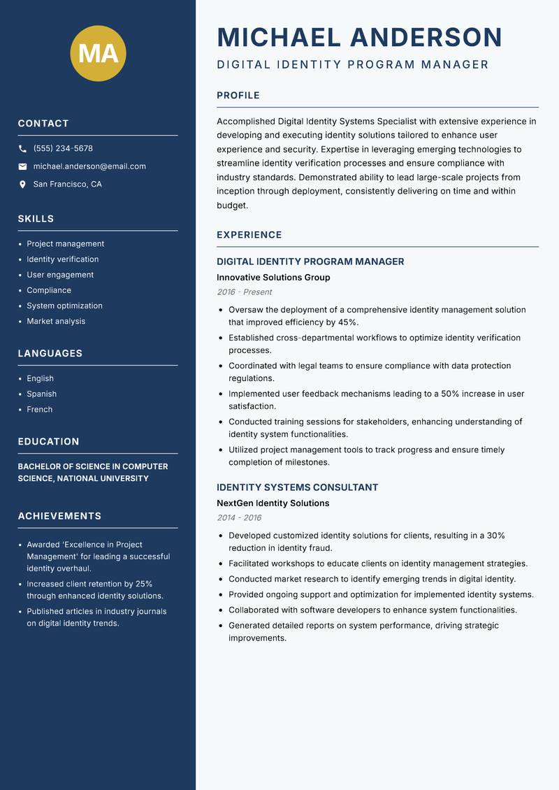 Digital Identity Systems Specialist resume sample — Digital Identity Program Manager focus