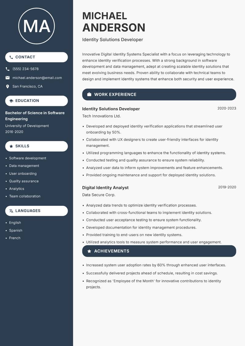 Digital Identity Systems Specialist resume sample — Identity Solutions Developer focus