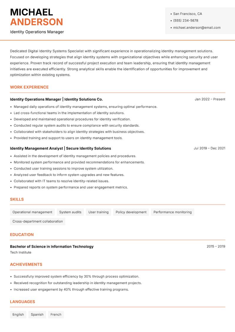 Digital Identity Systems Specialist resume sample — Identity Operations Manager focus