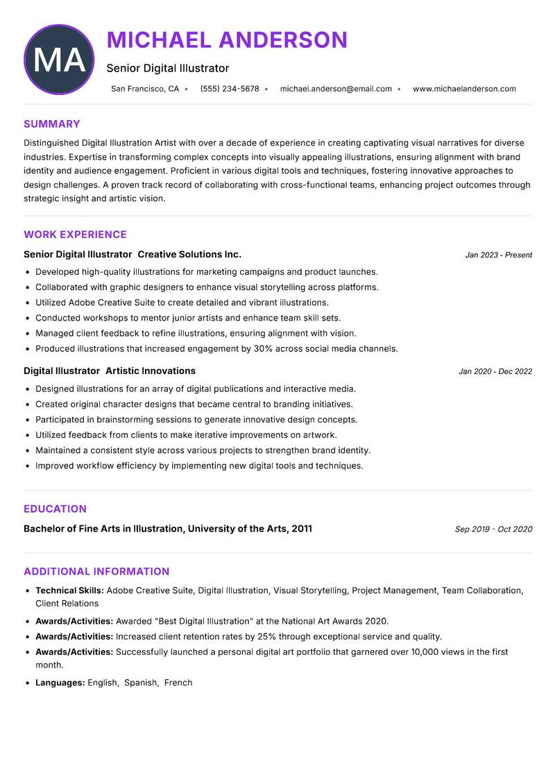 Digital Illustration Artist resume example