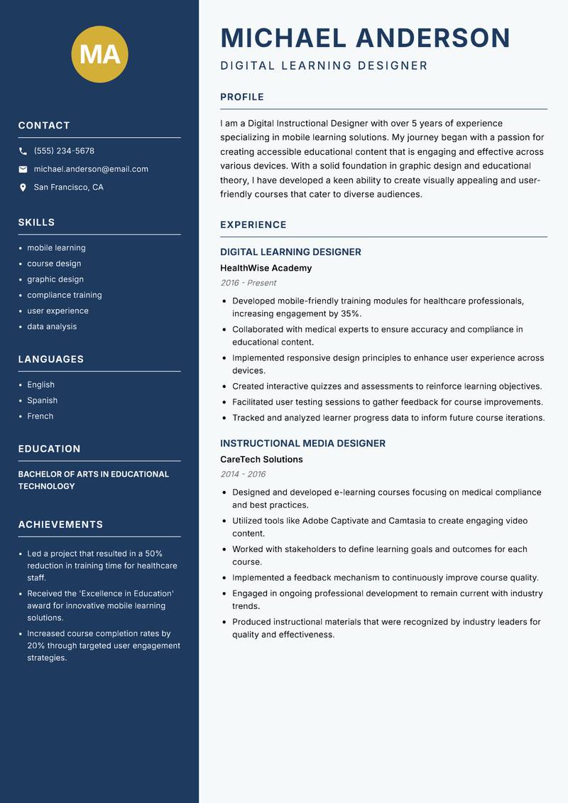Digital Instructional Designer resume sample — Digital Learning Designer focus