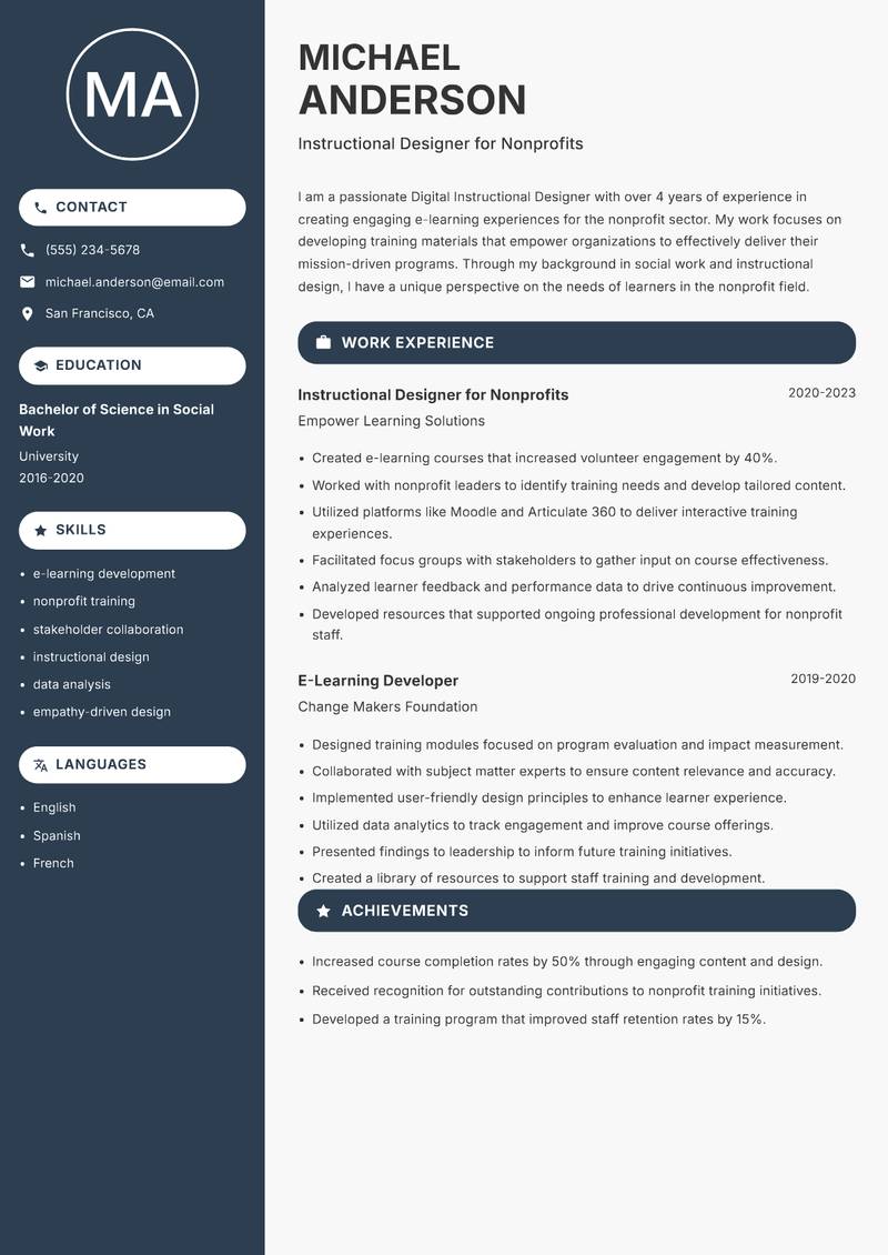 Digital Instructional Designer resume sample — Instructional Designer for Nonprofits focus