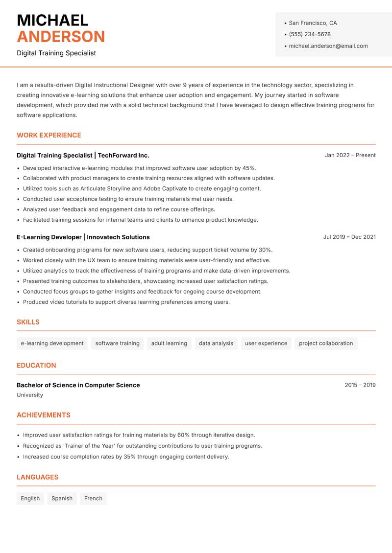Digital Instructional Designer resume sample — Digital Training Specialist focus