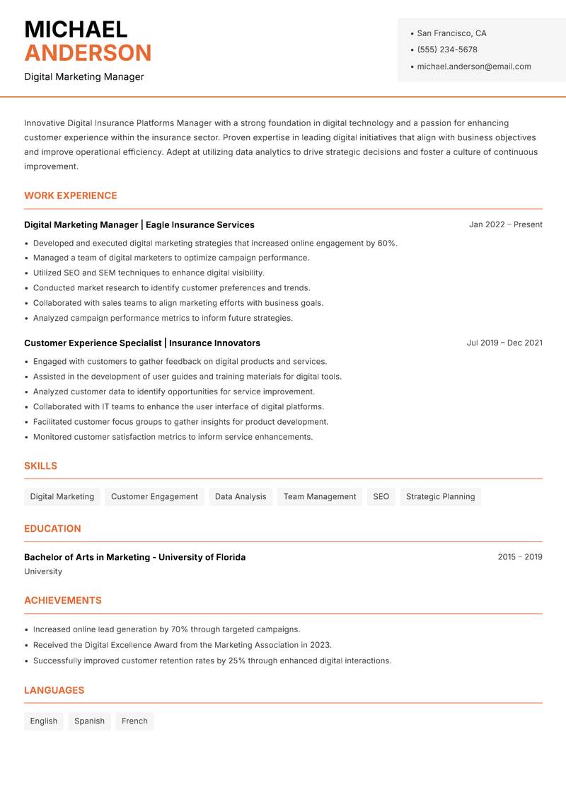 Digital Insurance Platforms Manager resume sample — Digital Marketing Manager focus