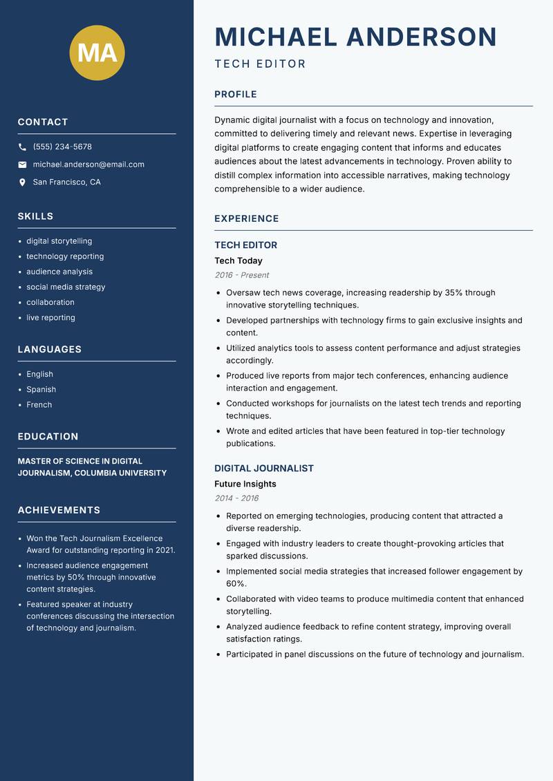 Digital Journalist resume sample — Tech Editor focus