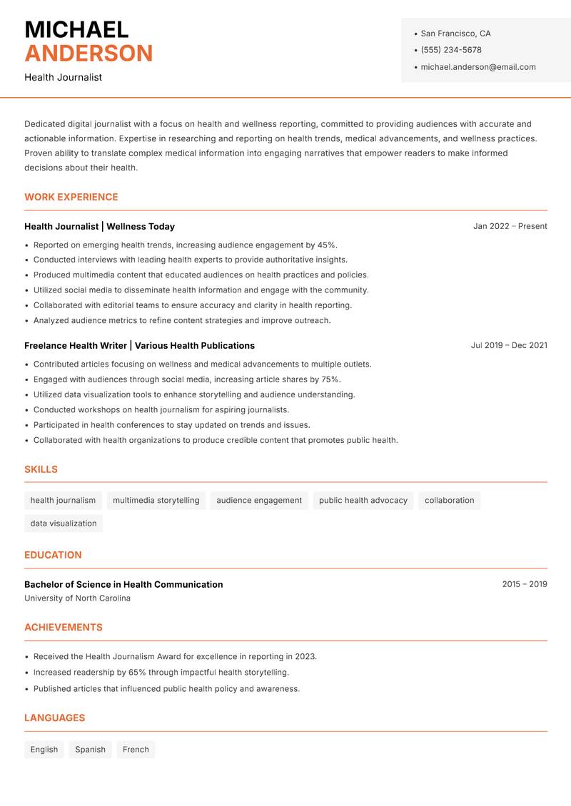 Digital Journalist resume sample — Health Journalist focus