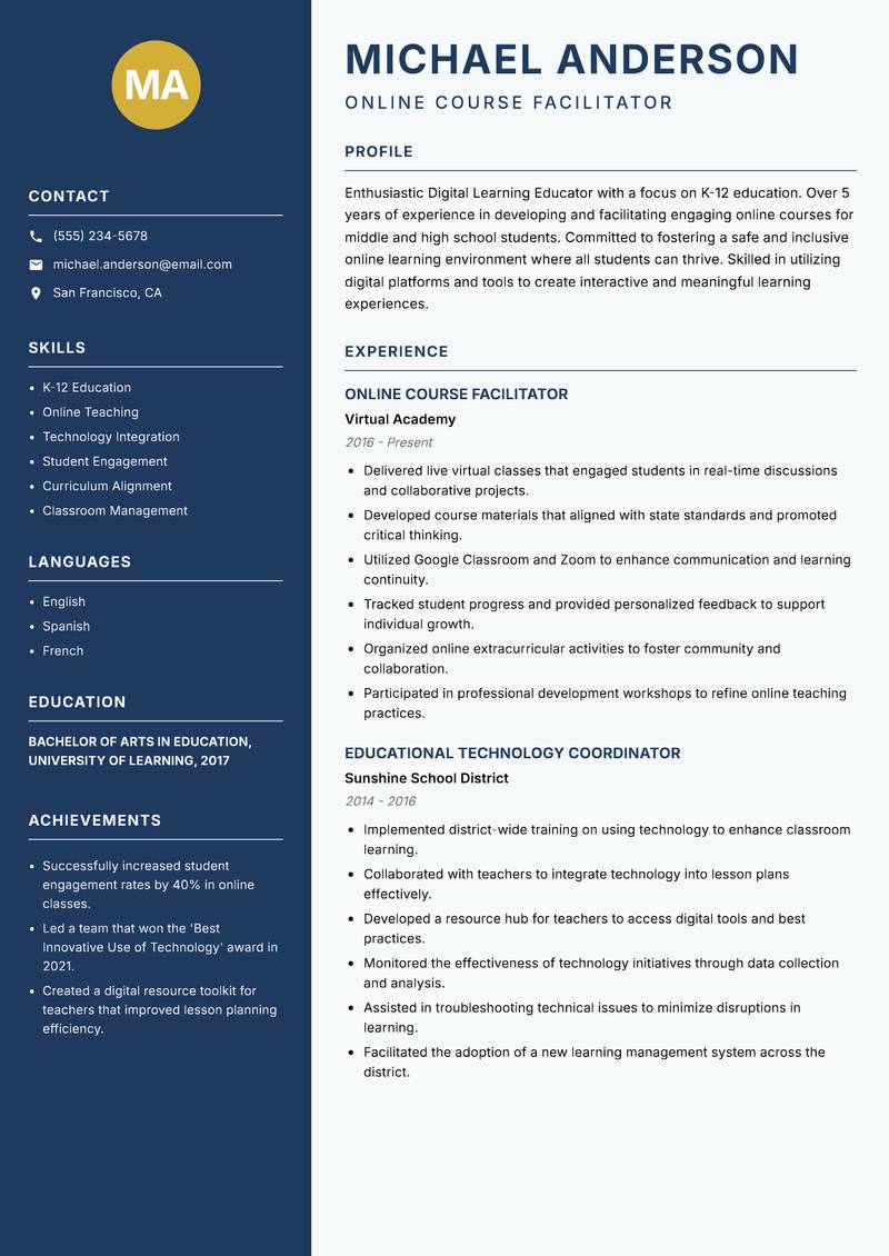 Digital Learning Educator resume sample — Online Course Facilitator focus