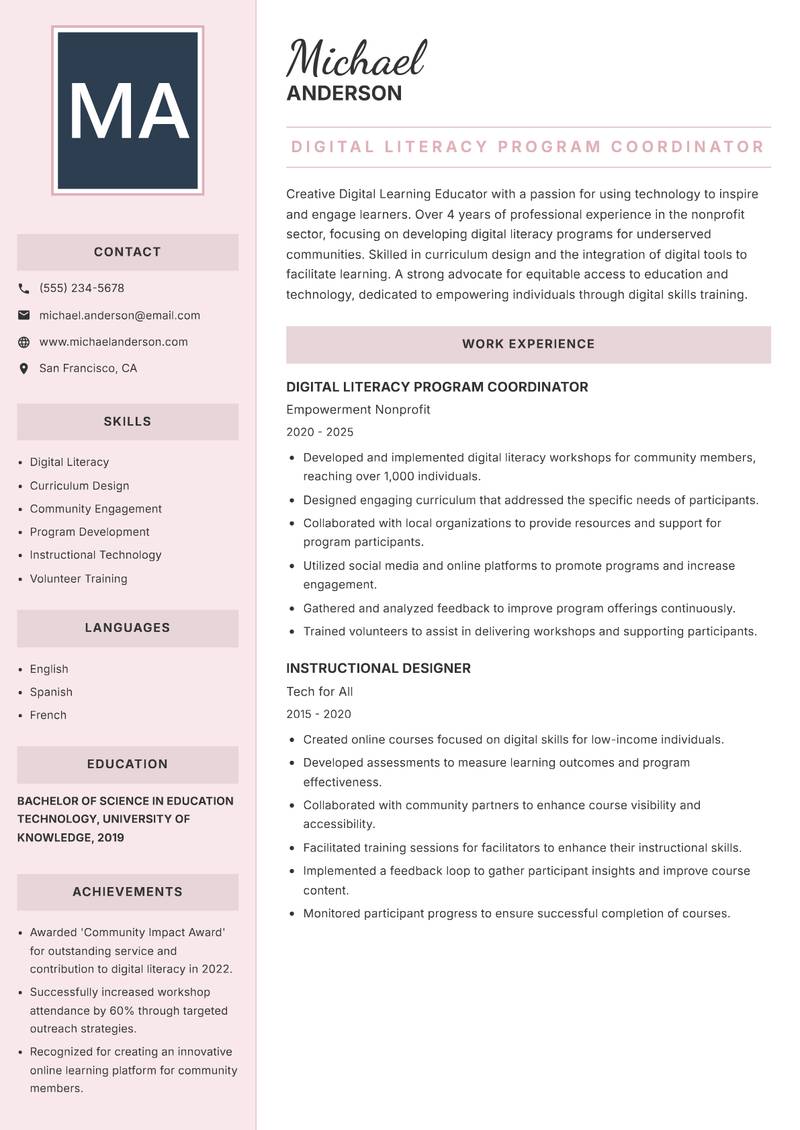 Digital Learning Educator resume sample — Digital Literacy Program Coordinator focus