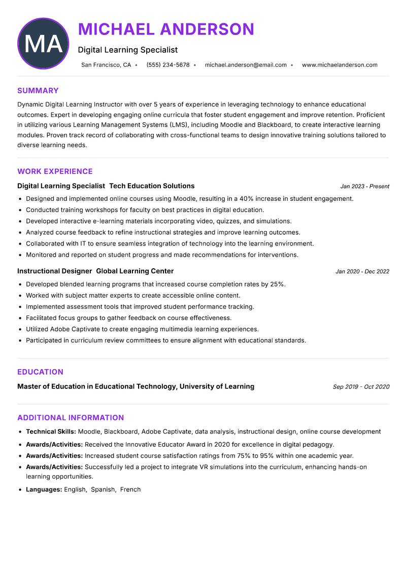 Digital Learning Instructor resume example