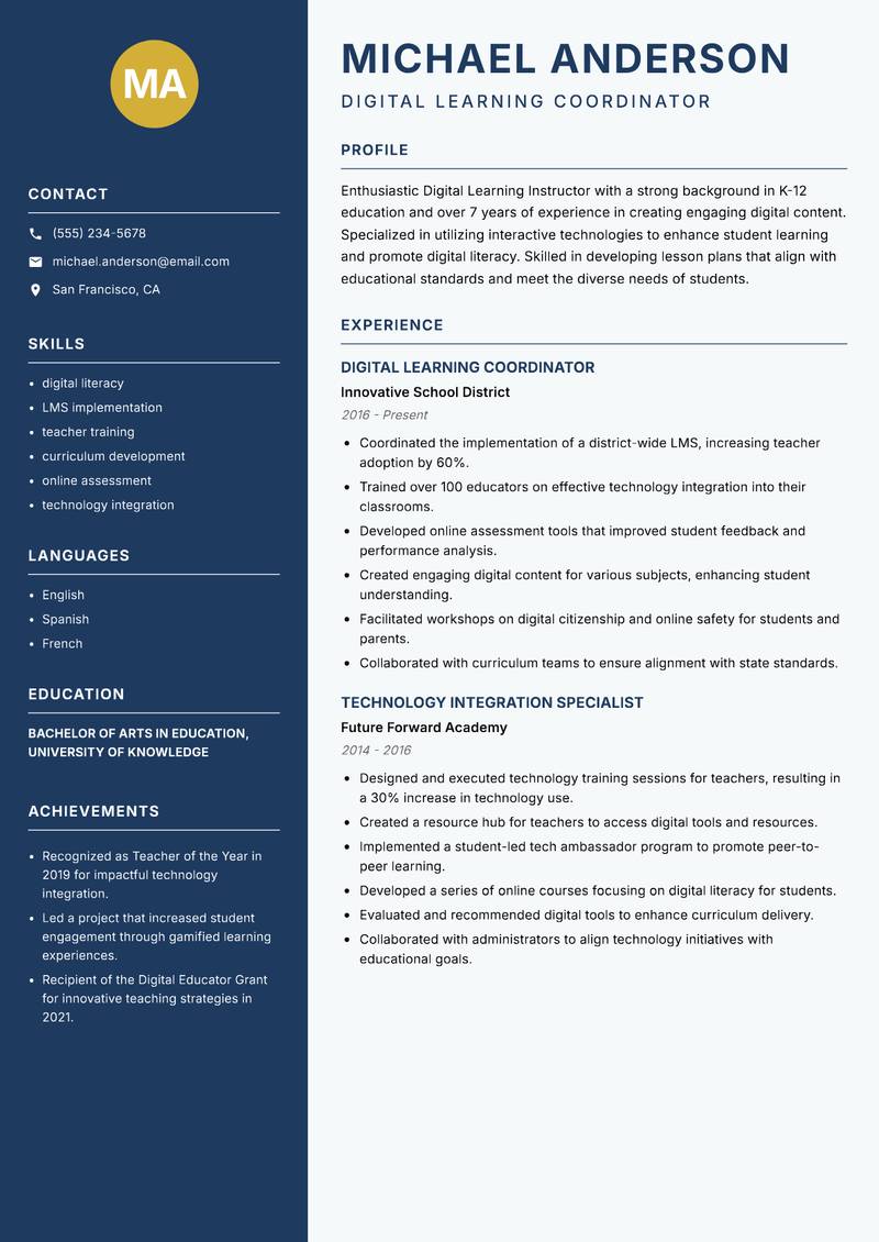 Digital Learning Instructor resume sample — Digital Learning Coordinator focus