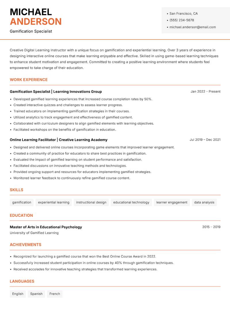 Digital Learning Instructor resume sample — Gamification Specialist focus