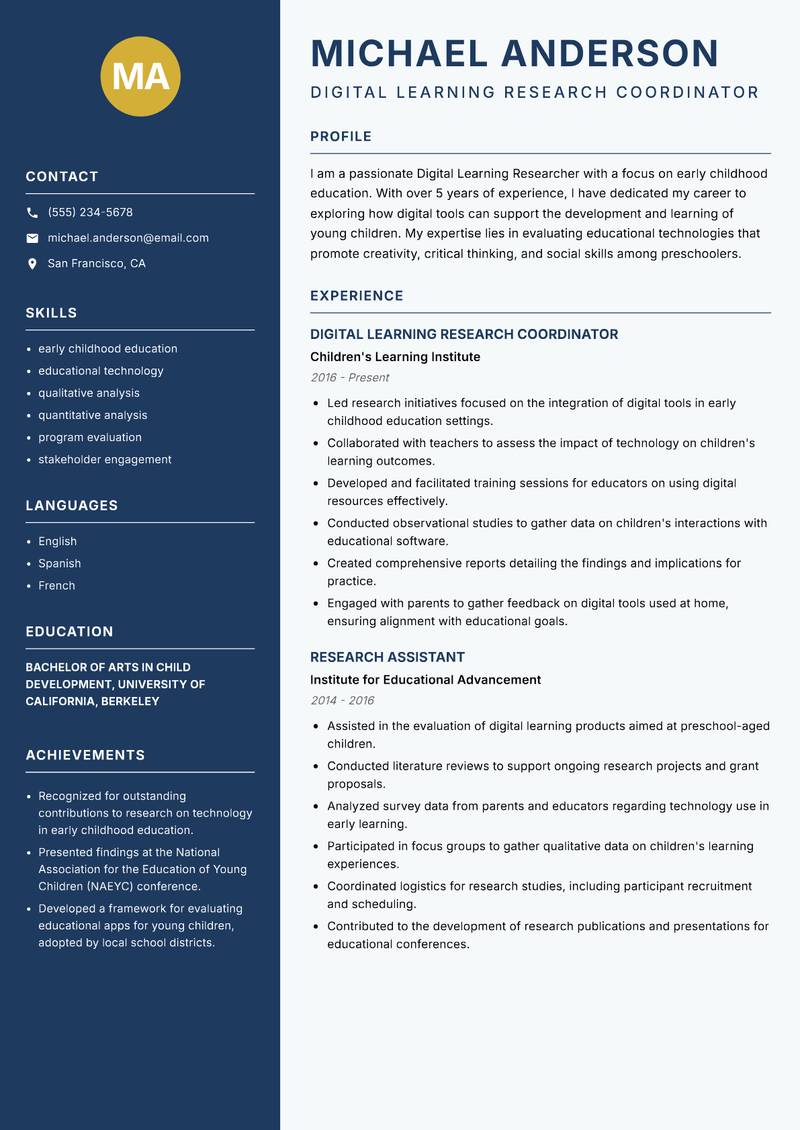 Digital Learning Researcher resume sample — Digital Learning Research Coordinator focus