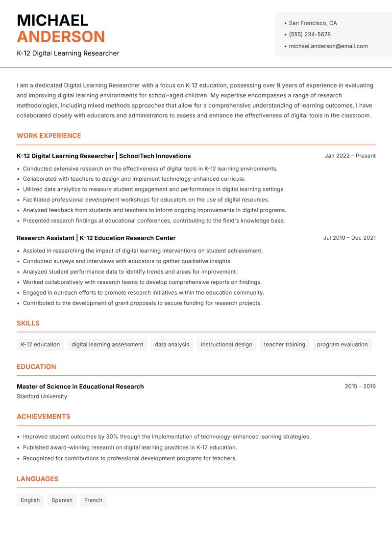 Digital Learning Researcher resume sample — K-12 Digital Learning Researcher focus