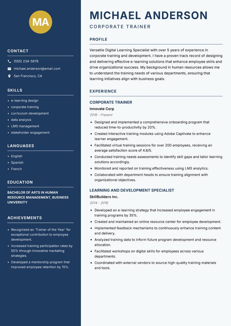 Digital Learning Specialist resume sample — Corporate Trainer focus