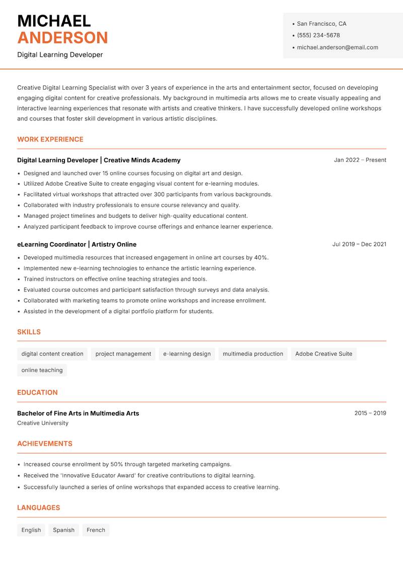 Digital Learning Specialist resume sample — Digital Learning Developer focus