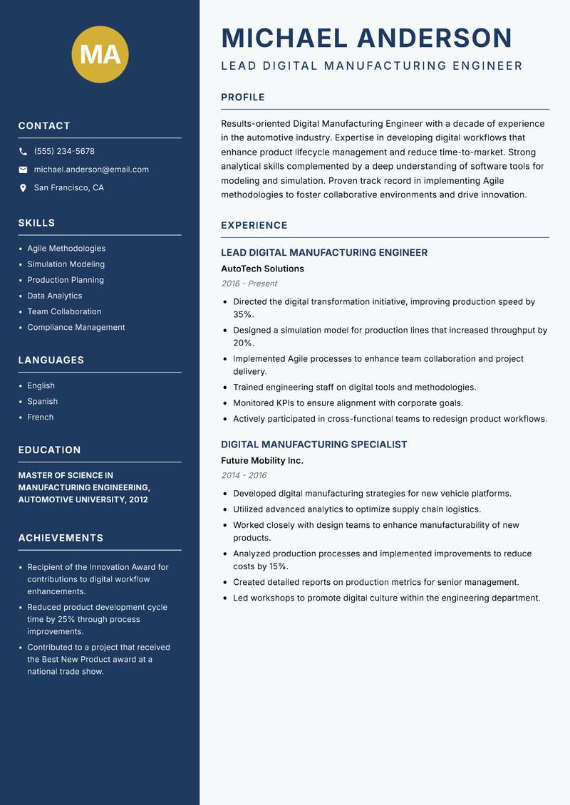 Digital Manufacturing Engineer resume sample — Lead Digital Manufacturing Engineer focus