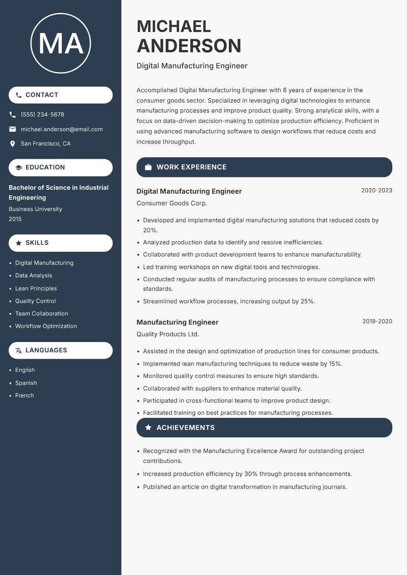 Digital Manufacturing Engineer resume sample — Digital Manufacturing Engineer focus