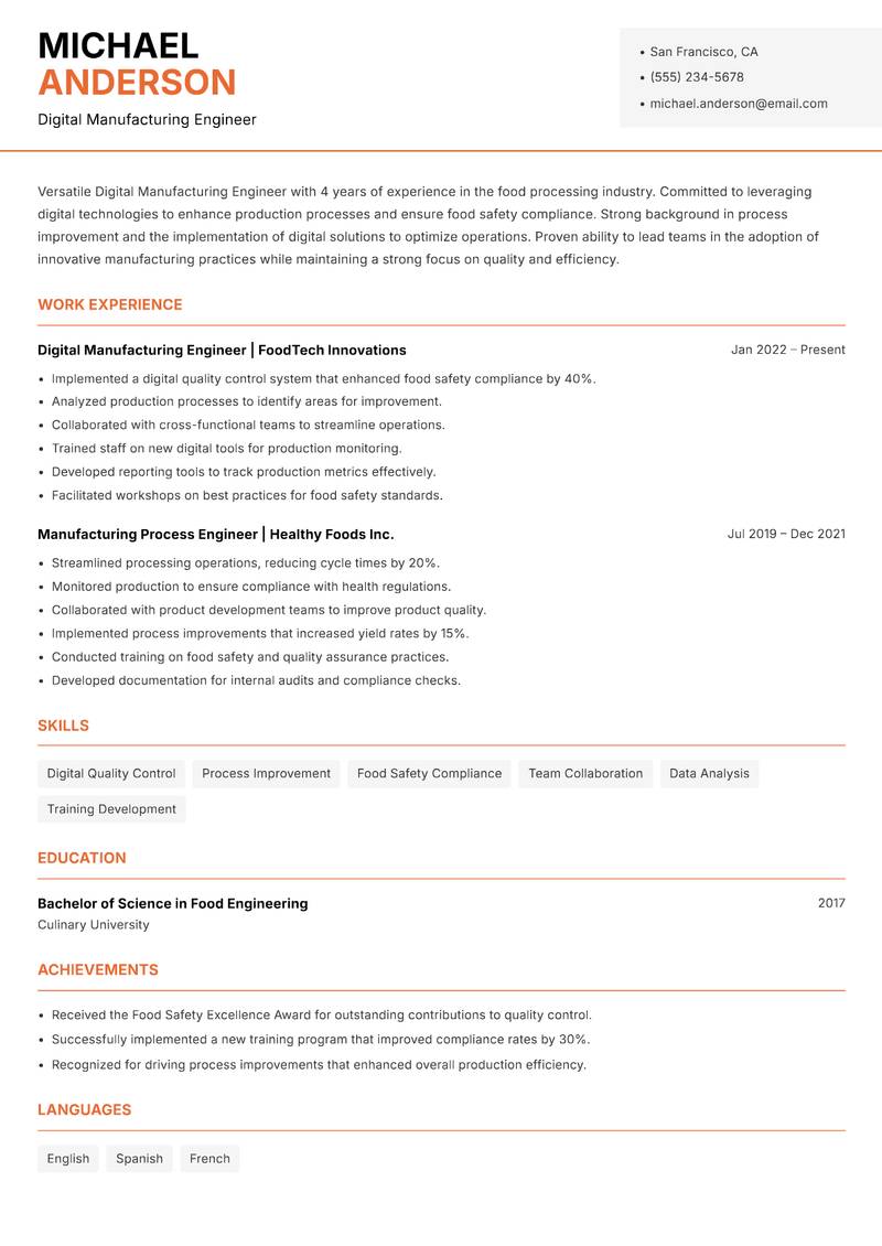 Digital Manufacturing Engineer resume sample — Digital Manufacturing Engineer focus