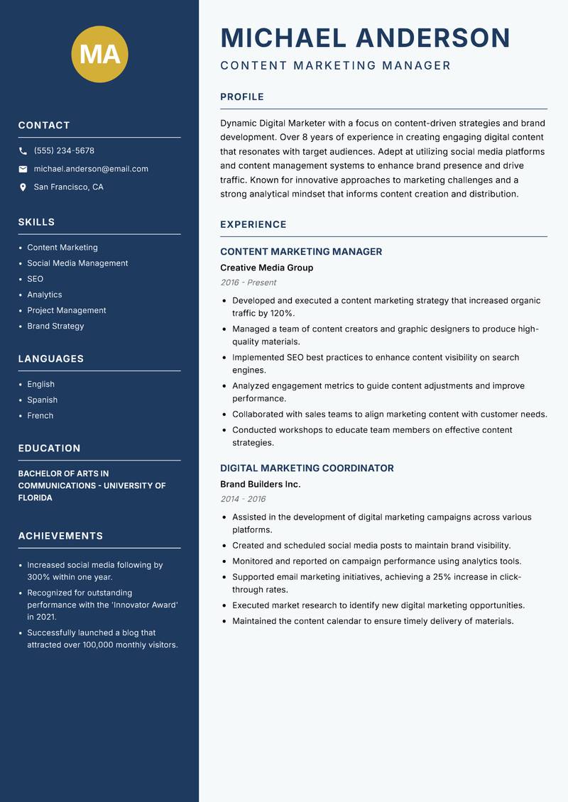 Digital Marketer resume sample — Content Marketing Manager focus