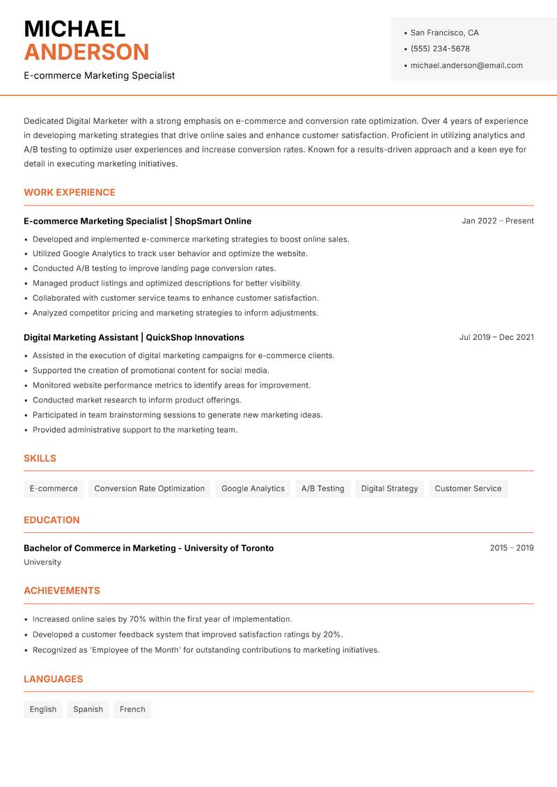 Digital Marketer resume sample — E-commerce Marketing Specialist focus