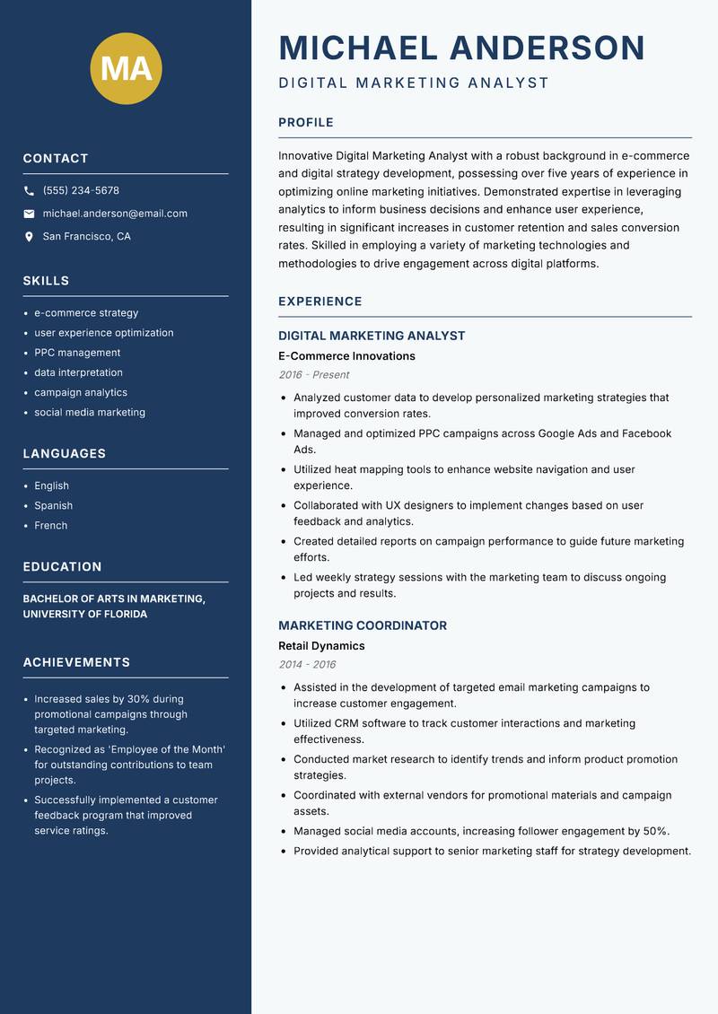 Digital Marketing Analyst resume sample — Digital Marketing Analyst focus