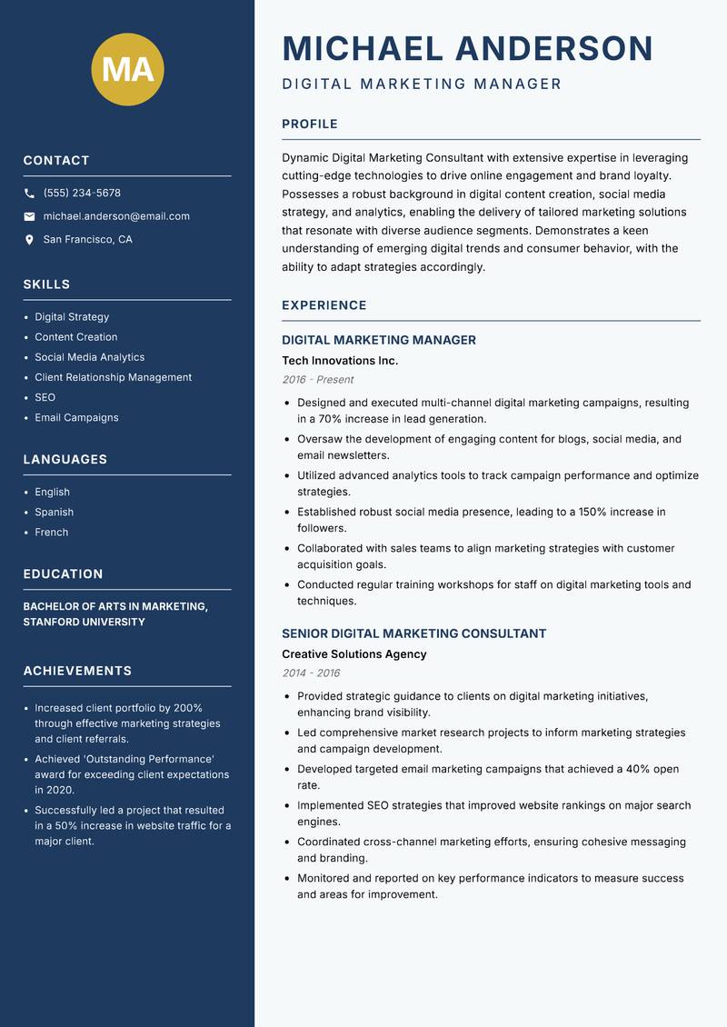 Digital Marketing Consultant resume sample — Digital Marketing Manager focus