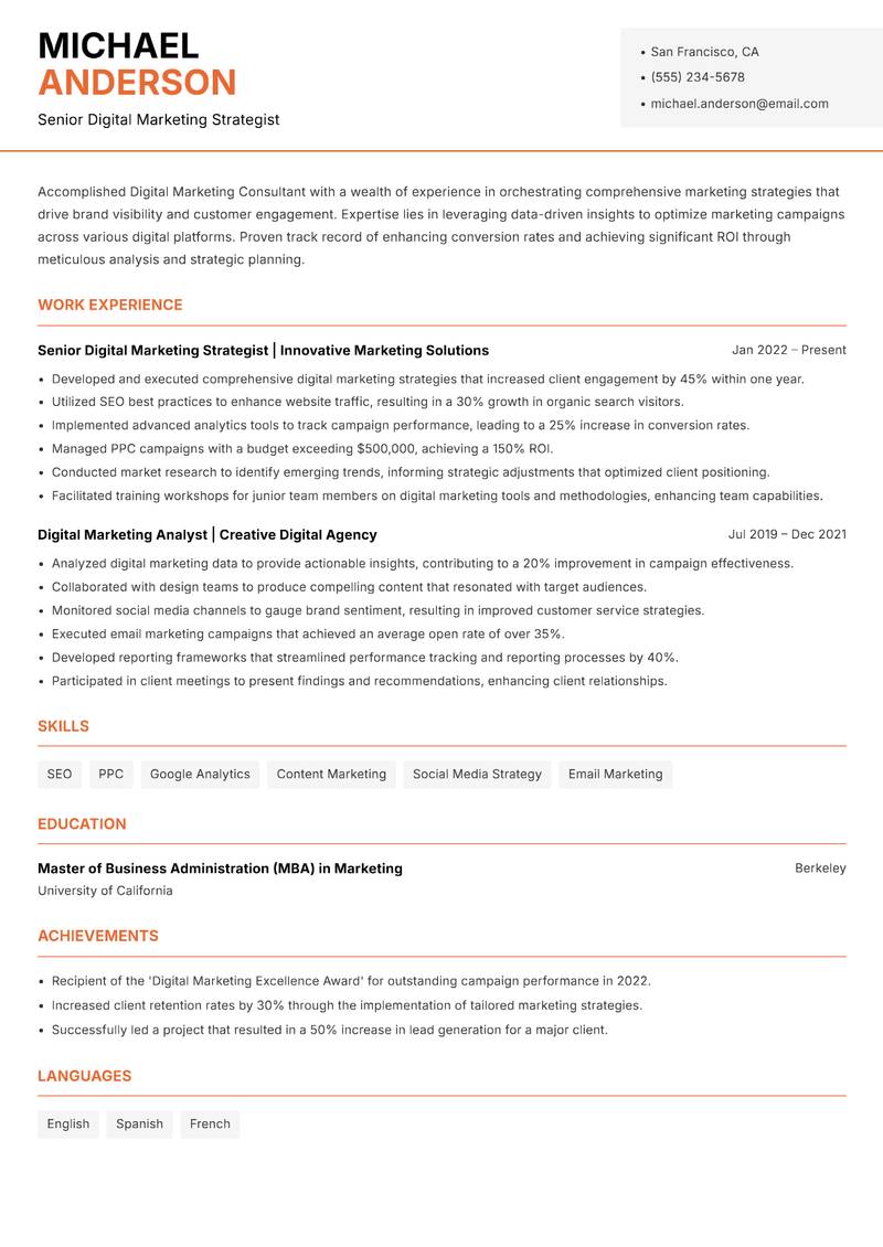 Digital Marketing Consultant resume sample — Senior Digital Marketing Strategist focus
