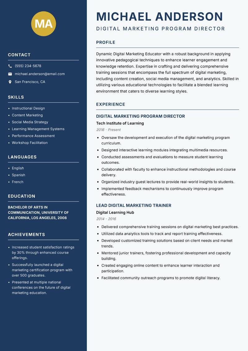 Digital Marketing Educator resume sample — Digital Marketing Program Director focus