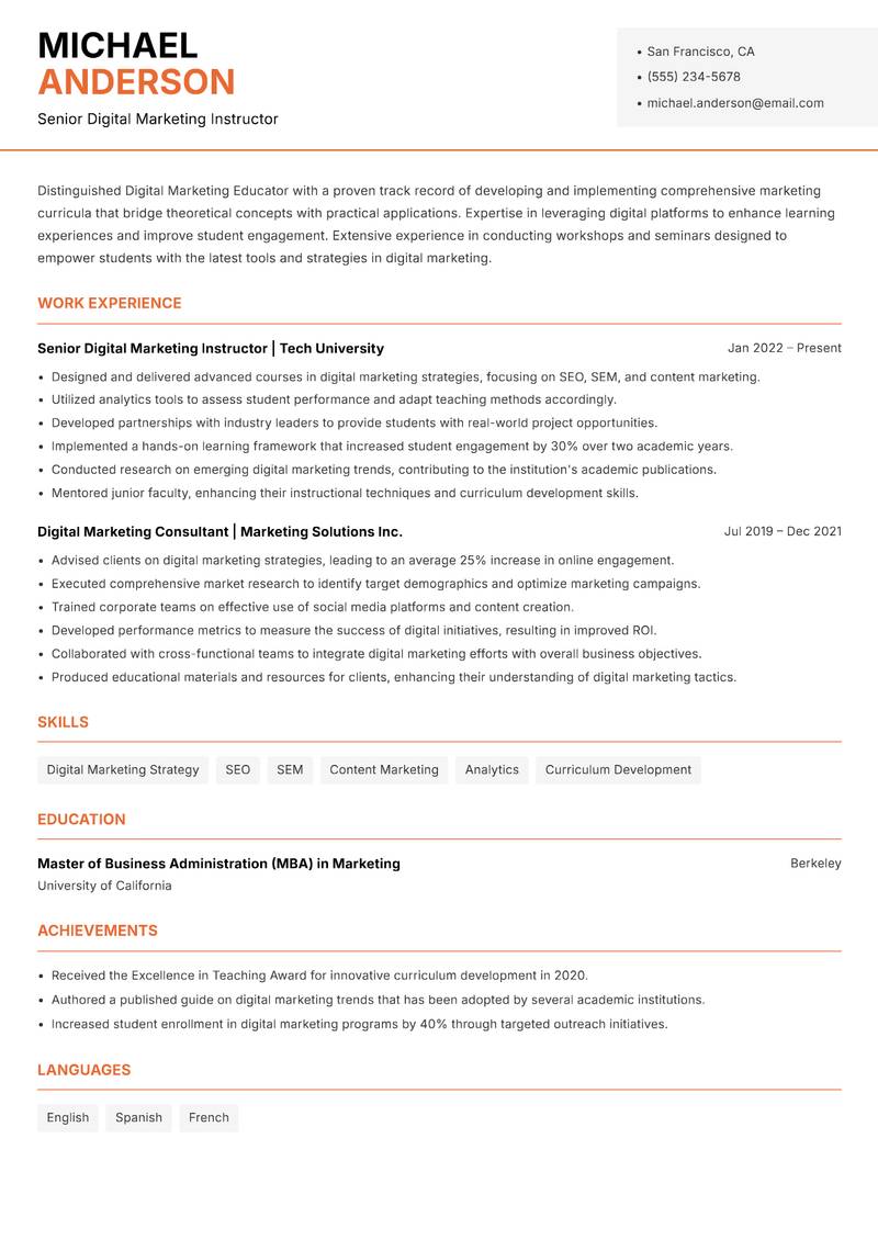 Digital Marketing Educator resume sample — Senior Digital Marketing Instructor focus