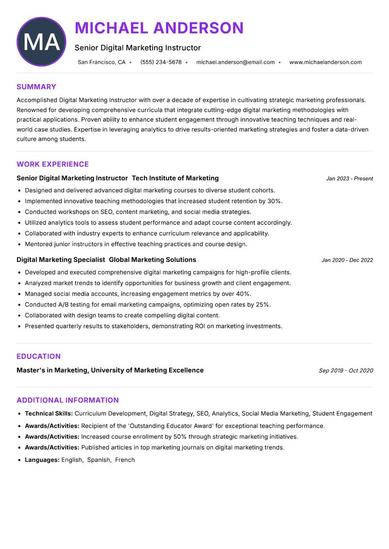 Digital Marketing Instructor resume example