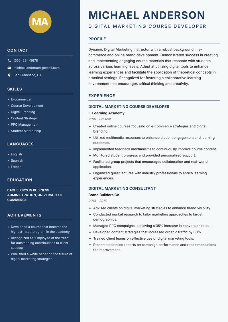 Digital Marketing Instructor resume sample — Digital Marketing Course Developer focus