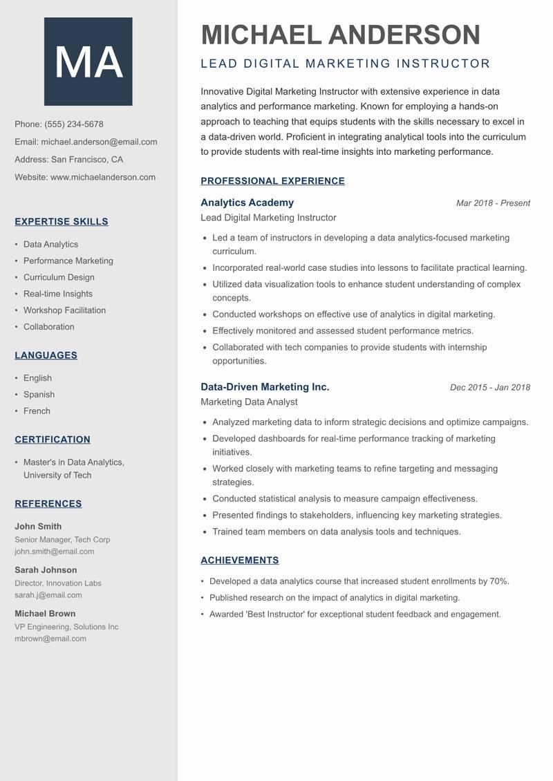 Digital Marketing Instructor resume sample — Lead Digital Marketing Instructor focus