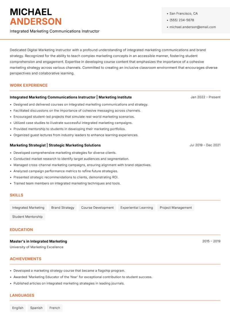 Digital Marketing Instructor resume sample — Integrated Marketing Communications Instructor focus