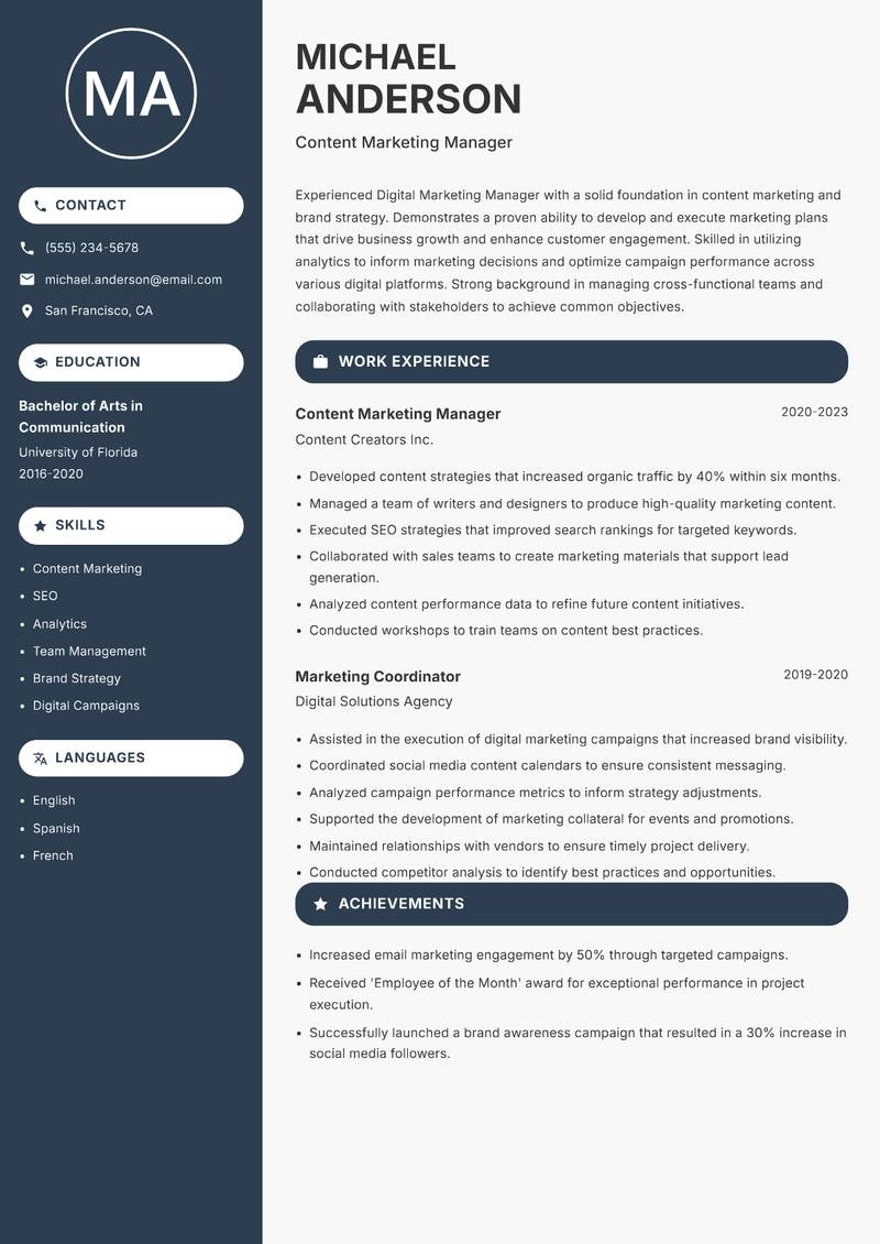 Digital Marketing Manager resume sample — Content Marketing Manager focus