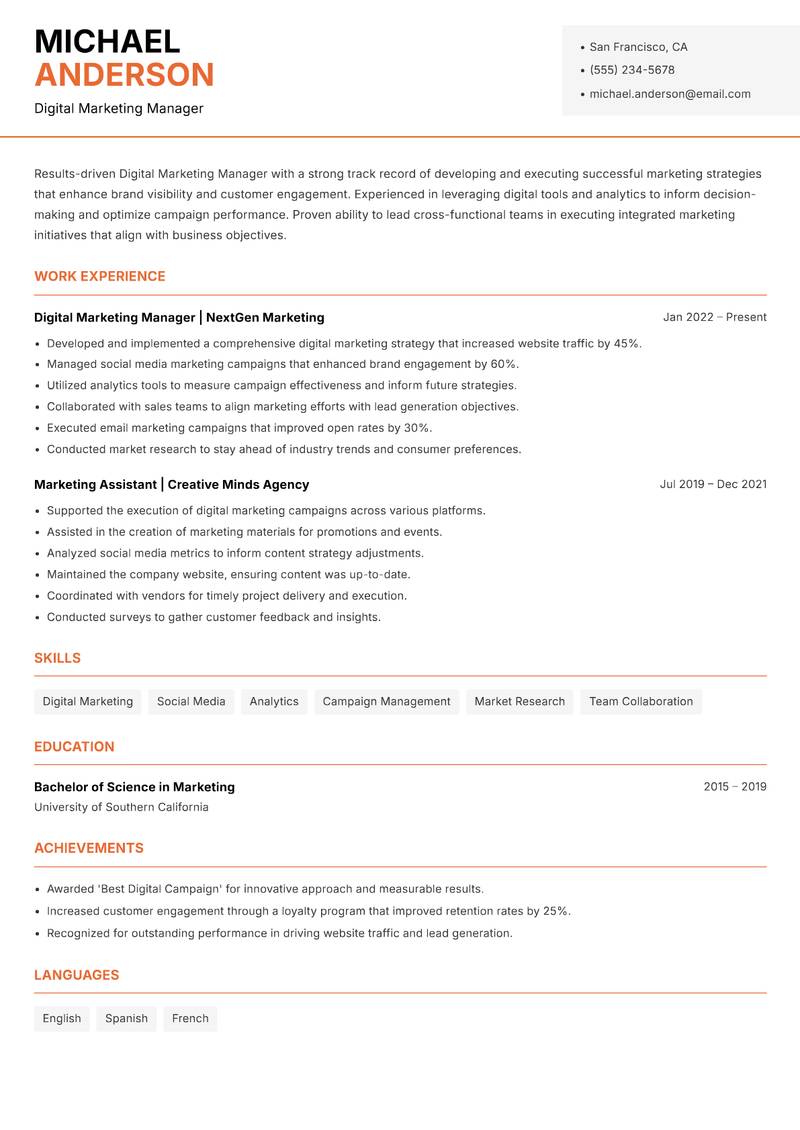 Digital Marketing Manager resume sample — Digital Marketing Manager focus