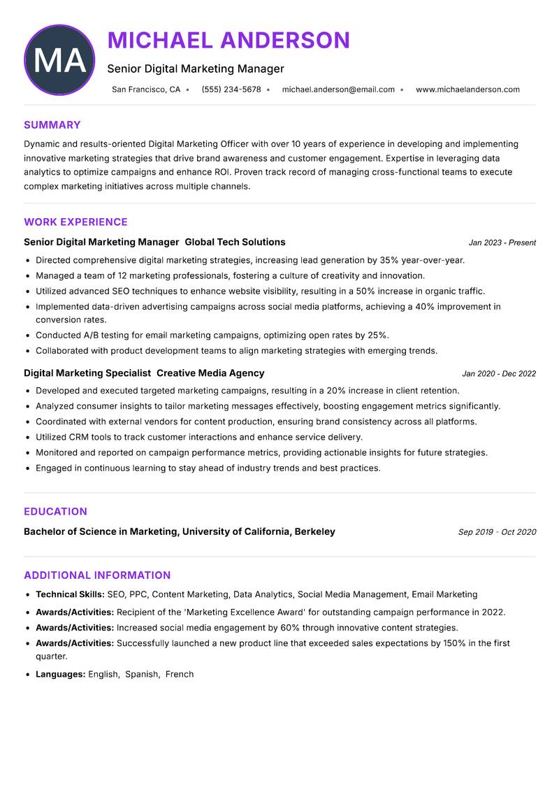Digital Marketing Officer resume example
