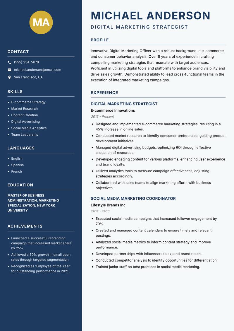 Digital Marketing Officer resume sample — Digital Marketing Strategist focus