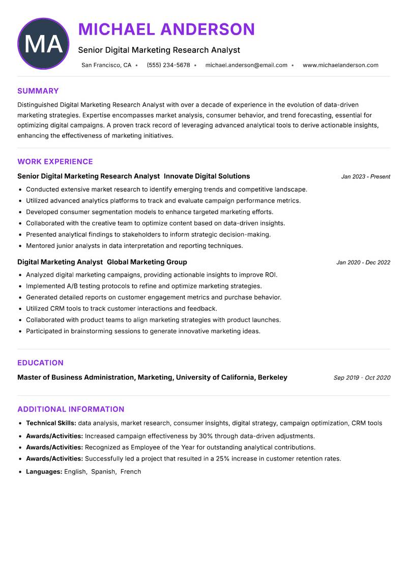 Digital Marketing Research Analyst resume example