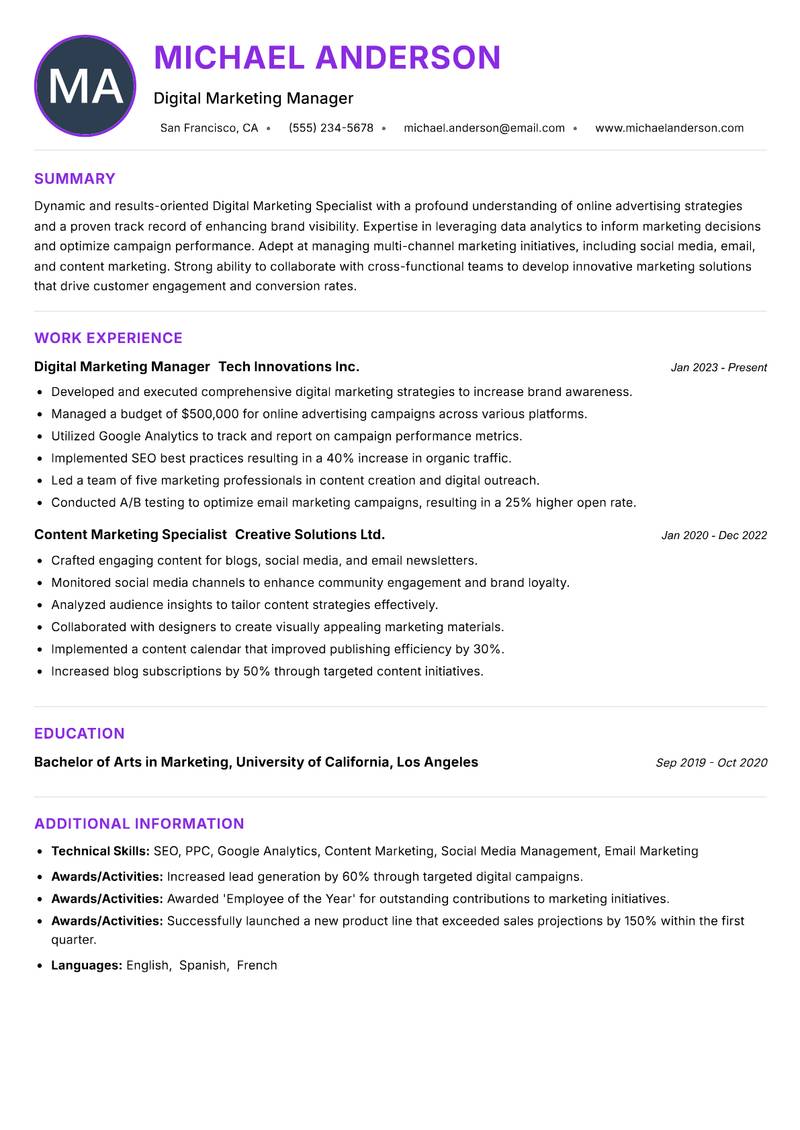 Digital Marketing Specialist resume example