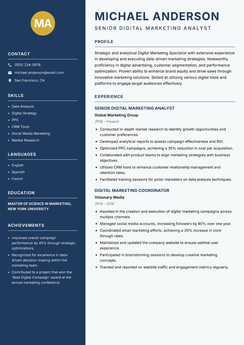 Digital Marketing Specialist resume sample — Senior Digital Marketing Analyst focus