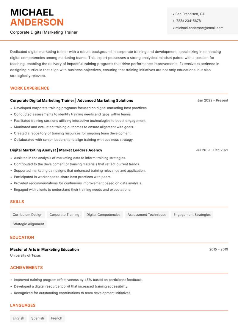 Digital Marketing Trainer resume sample — Corporate Digital Marketing Trainer focus