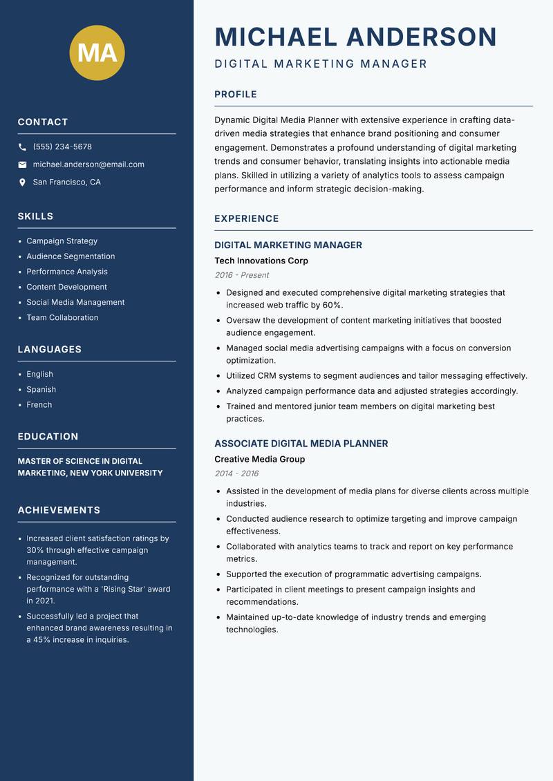 Digital Media Planner resume sample — Digital Marketing Manager focus