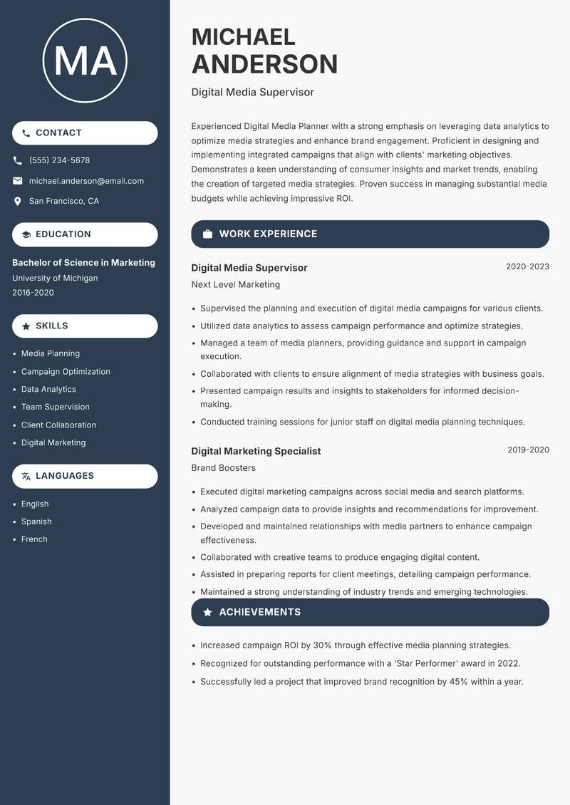 Digital Media Planner resume sample — Digital Media Supervisor focus